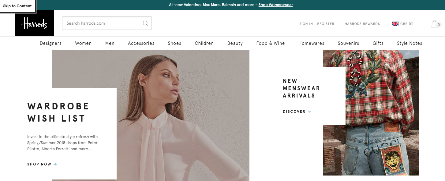 Screenshot of skip link on Harrods.com