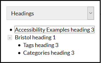 The A11y Outline dialogue box showing headings on the current page.