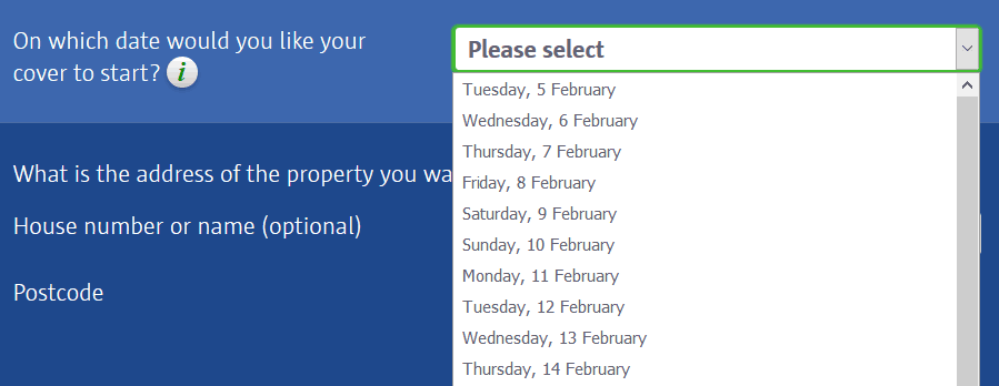 Screenshot of insurance start date showing how a single dropdown lists the possible dates. There is a label present.
