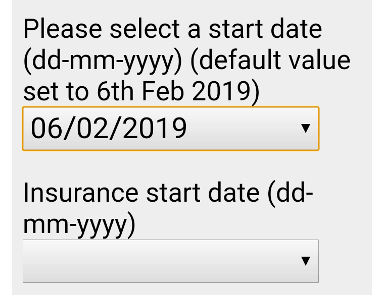 Date inputs in Chrome on Android. There is a gradient background, and any default date is shown in an appropriate format. There is a subtle focus indication around the control I have just interacted with.
