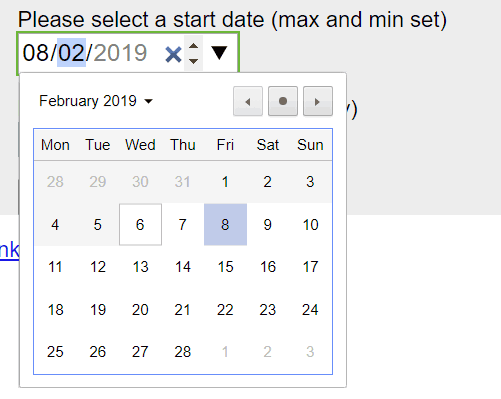 Chrome calendar view. This can be shown only for mouse users. Invalid dates are differentiated are not selectable