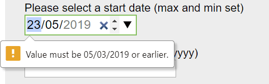 Chrome date input showing error message when invalid date has been submitted.