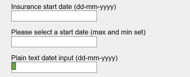 The result of trying to select text boxes in Dragon NaturallySpeaking. The choice flag is beside the real text box, but not beside any of the date inputs.