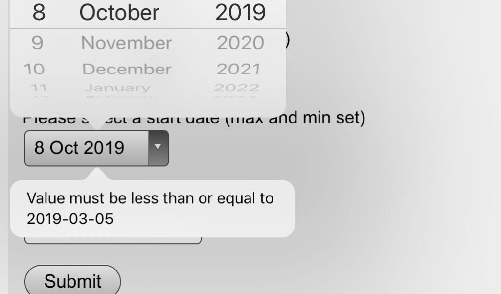 In cases where submitted dates are outside an allowed range, an error message is shown beneath the date control.