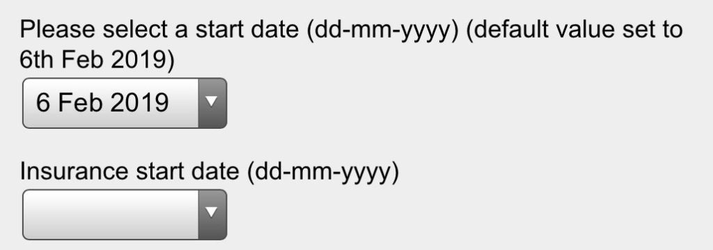 Initial view of date inputs in Safari on iOS - they look like dropdowns. Default dates are shown in nice format.