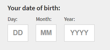 Screenshot of date input showing three text boxes, each with a separate label and placeholder text.