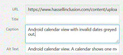 Adding a caption as well as alternate text to an image in WordPress. There are separate input fields for each.