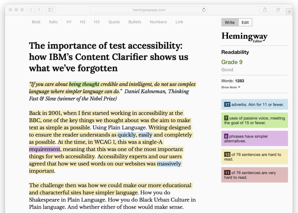 The blog with sentences highlighted in colours to show sentences that are hard to read, and phrases with simpler alternatives,