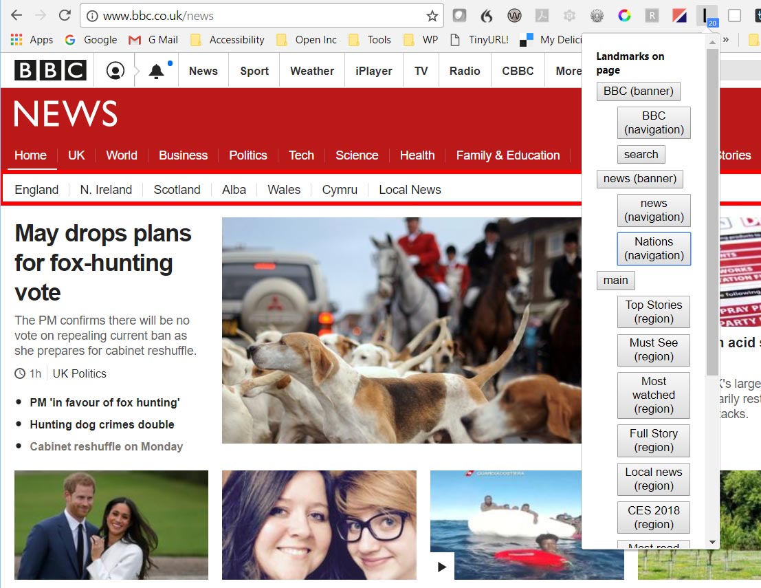 BBC News webpage showing the Landmarks dropdown on the right, and one of the landmarks highlighted in red.