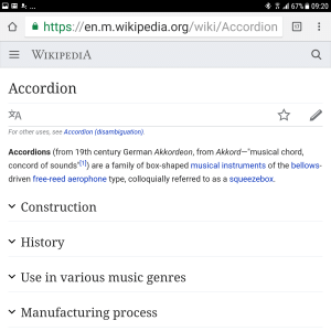 Accordions used in Wikipedia, when viewed on smartphone.