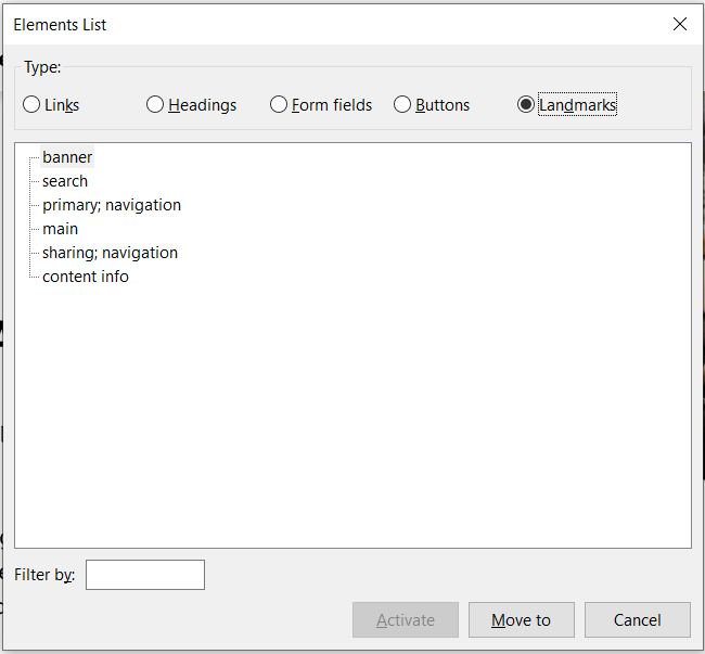 Elements list from NVDA screen reader showing the list of landmarks within a web page.