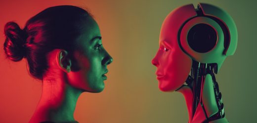 Woman face to face with a robot