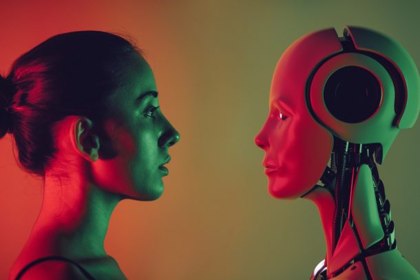 Woman face to face with a robot