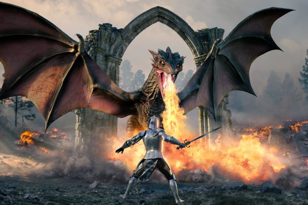 Knight Standing In Front Of Fire Breathing Dragon