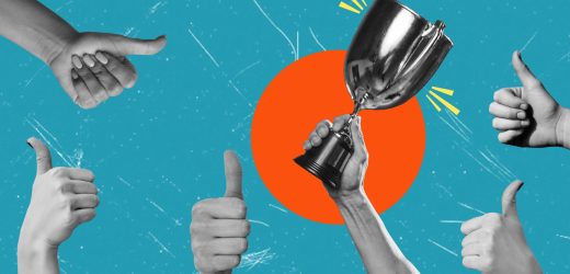 Contemporary art collage showing a hand holding a trophy and approving hands showing a thumbs up.